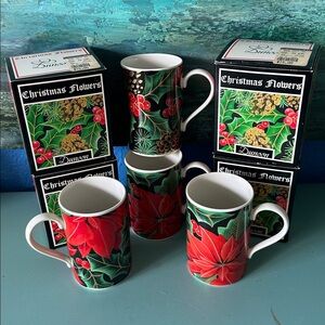4 NWT Old/New in box Vintage Dunoon Christmas Flowers Mugs Set